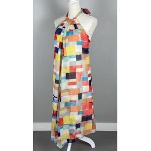 Alice + Olivia Silk Watercolor Color Block Halter Dress